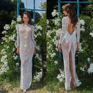 Santa Brand SPARKLE MAXI DRESS WITH BOW rhinestone silver gown Revolve one size